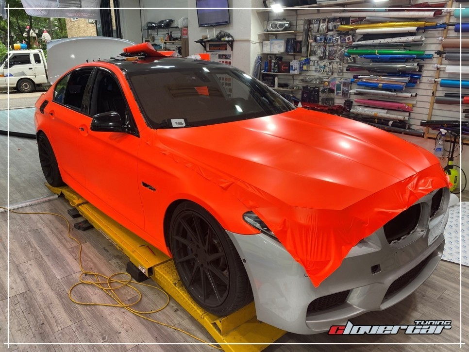 bmw F10 530i전체랩핑 3m 사틴네온오렌지랩핑 형광색래핑 시공 [ 안산랩핑 ] / 안산 상록구