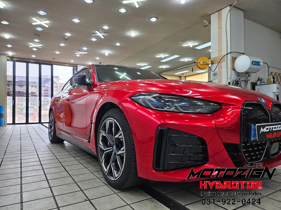 BMW i4 고광택 캔디레드 전체랩핑 일산 PPF 랩핑 전문점 모토자인
