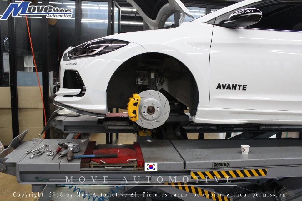 [아반떼AD XG 2P 원피스 브레이크 튜닝]부산 브레이크 튜닝샵/아반떼AD 2P브레이크 업그레이드/원피스 디스크/사선디스크/브레이크 캘리퍼도색/라이닝교체/무브모터스 / 부산 기장군