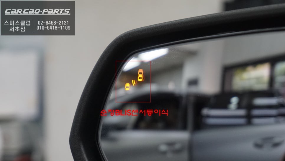 머스탱 차량 사각지대 영역을 볼 수 있는 3D어라운드뷰 옵션과 넓은 시야를 볼 수 있는 BSM광각미러.