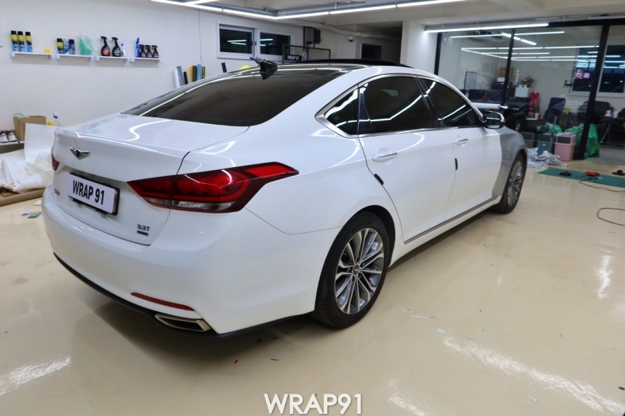 제네시스 G80 전체 랩핑 보수 - 유광 화이트 사고 부분 랩핑, 경남 김해 자동차 래핑 전문점 랩91 / 마산, 김해, 창원